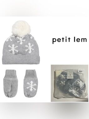 🆕PETIT LEM - 6-12M - NWT - INFANT KNIT GREY / WHITE SNOWFLAKE HAT & MITTENS SET